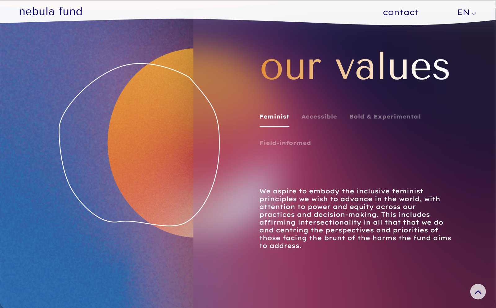The current Nebula Fund website — Our values page